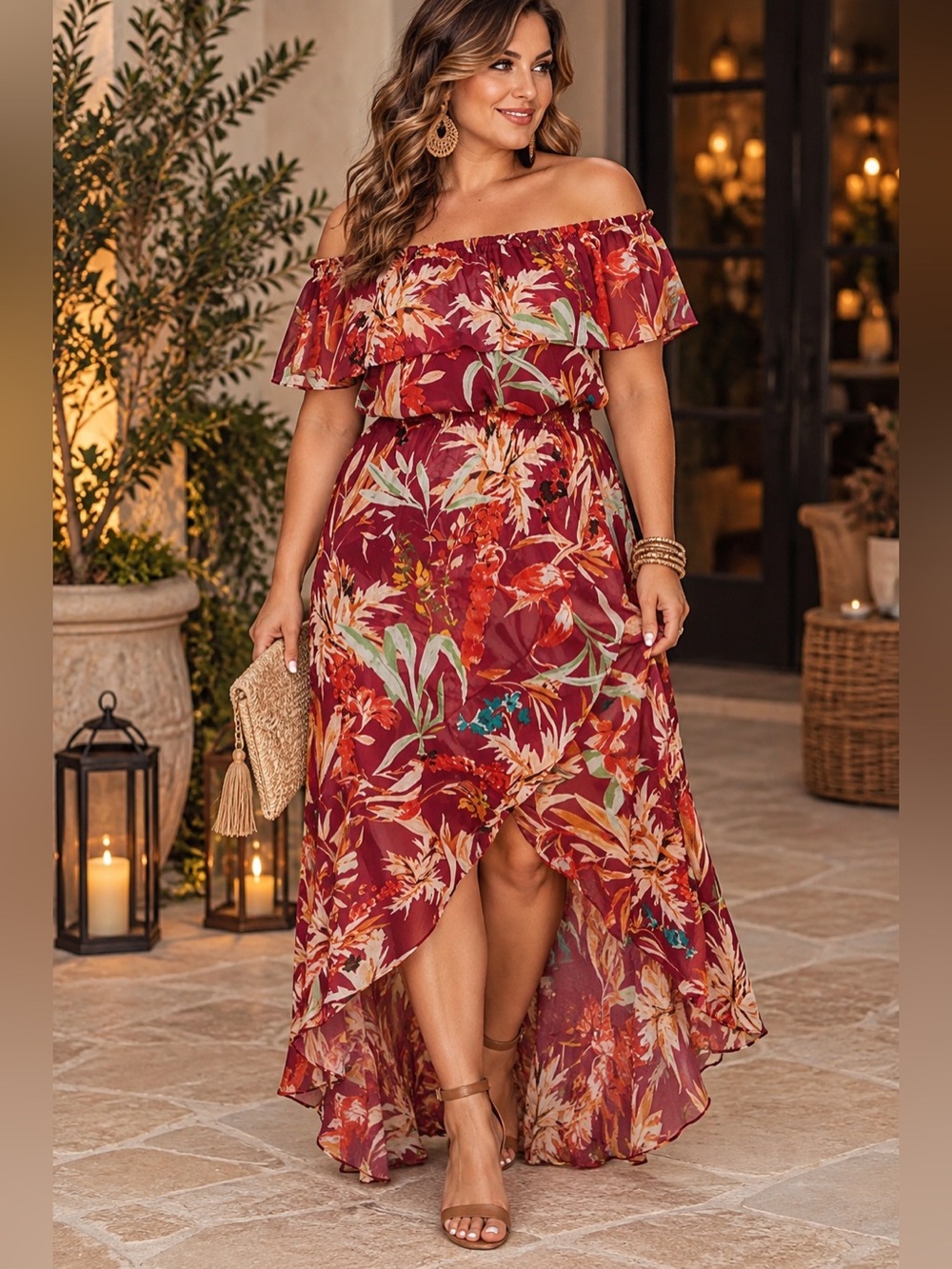 EXPRESS Floral Off The Shoulder Ruffle Front Maxi Dress EUC